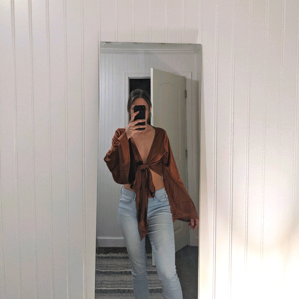 Silky Mocha Tie Wrap Shirt with Bell Sleeves